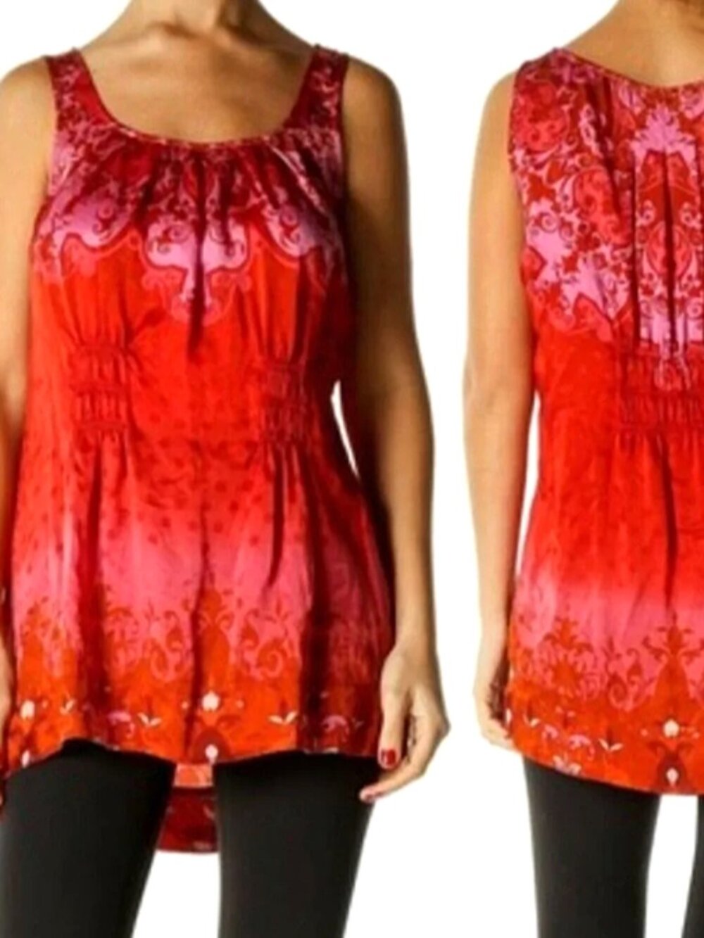 Cabi True Love Scroll Print Pink Red Silk tunic top size M